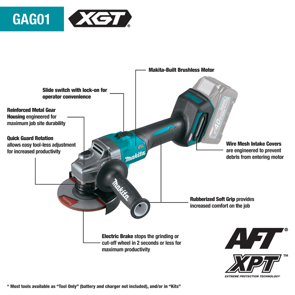 Makita 40V Max XGT Brushless Cordless 4‑1/2” / 5" Angle Grinder Kit, with Electric Brake (4.0Ah) - GAG01M1