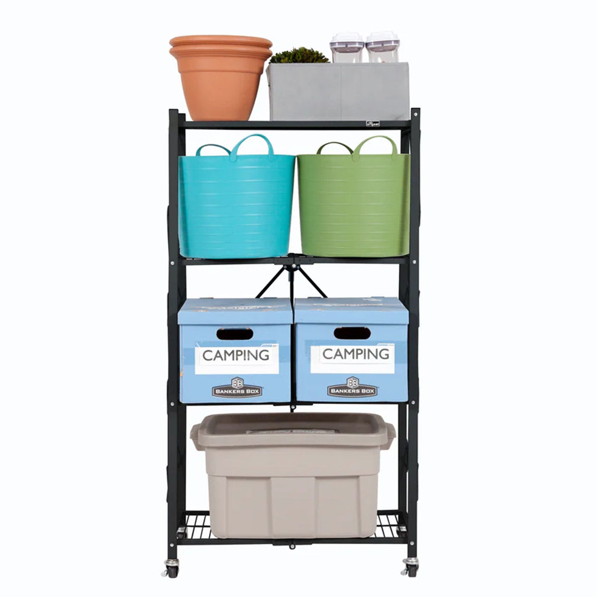 Origami 4 Pack 4 Tier Folding Garage Shelves Heavy Duty Shelving with Wheels - 415228