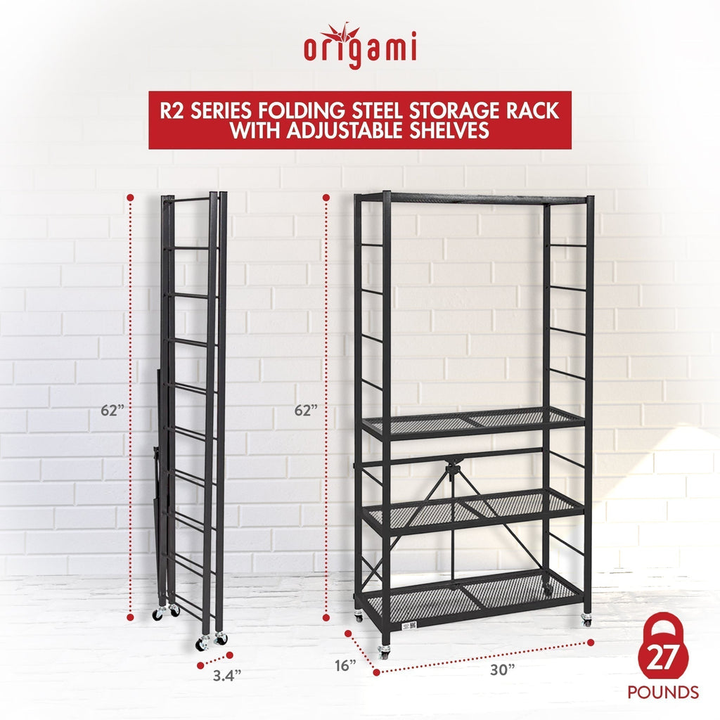Origami 3 Pack Folding Steel Storage Rack, Adjustable Shelves, R2 Series, Black - 415215