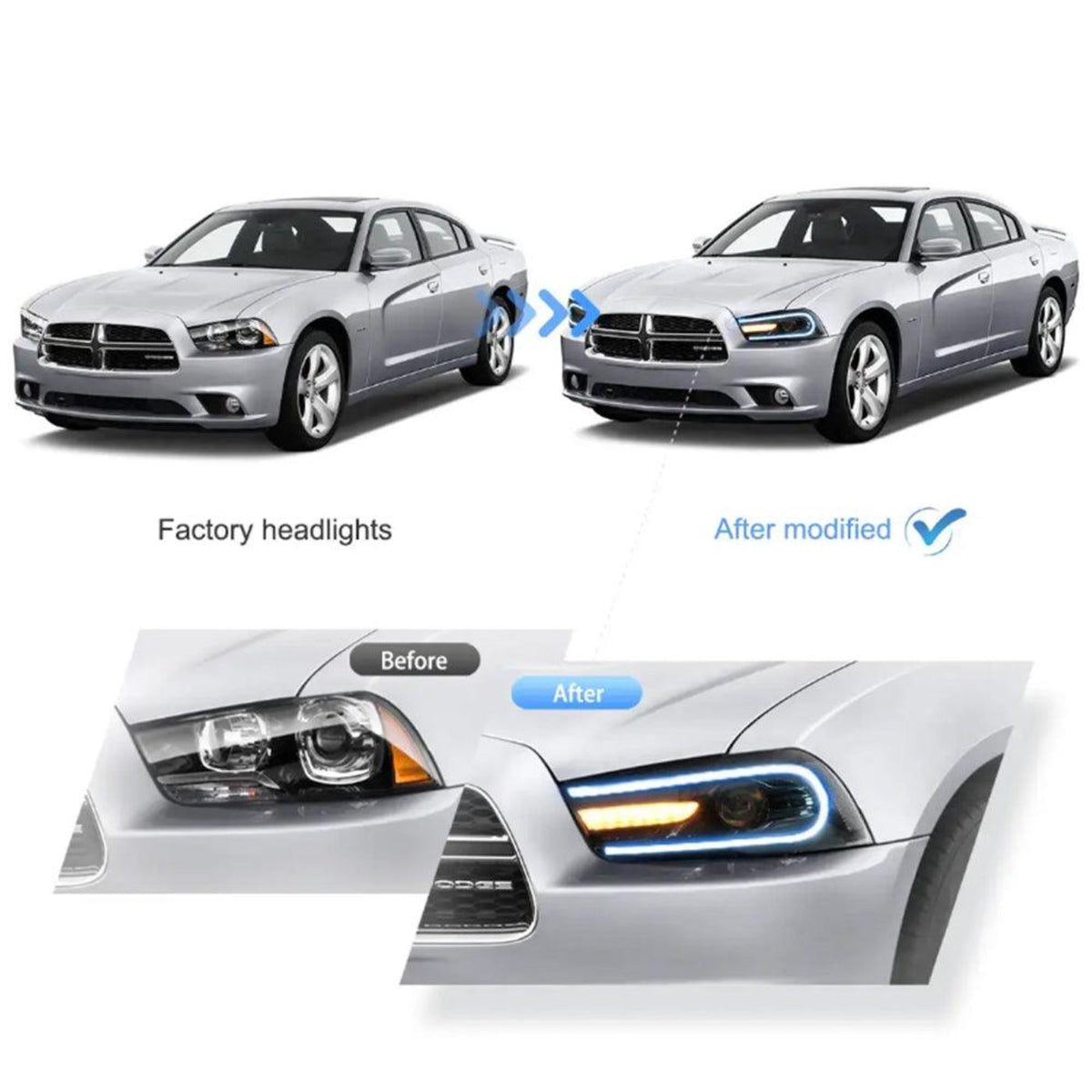 Auxbeam LED Headlight Assembly RGB Dual Beam Projector Black For 2011-2014 Dodge Charger(LD) - GD002676