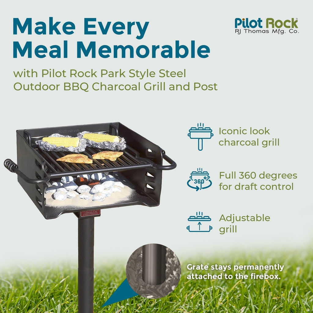 Pilot Rock Park Style Steel Outdoor BBQ Charcoal Grill and Post, Black (3 Pack) - 404010