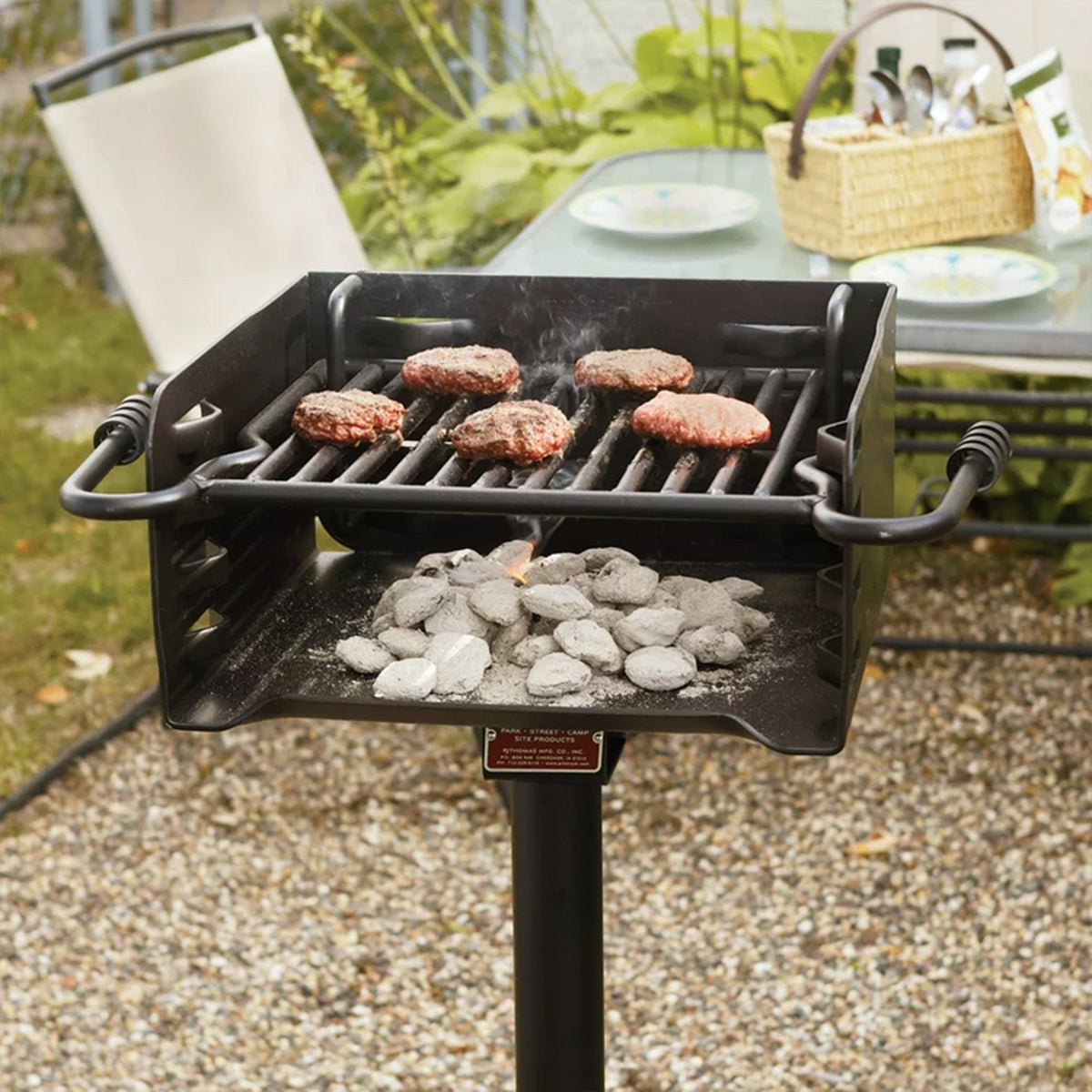 Pilot Rock Park Style Steel Outdoor BBQ Charcoal Grill and Post, Black (3 Pack) - 404010