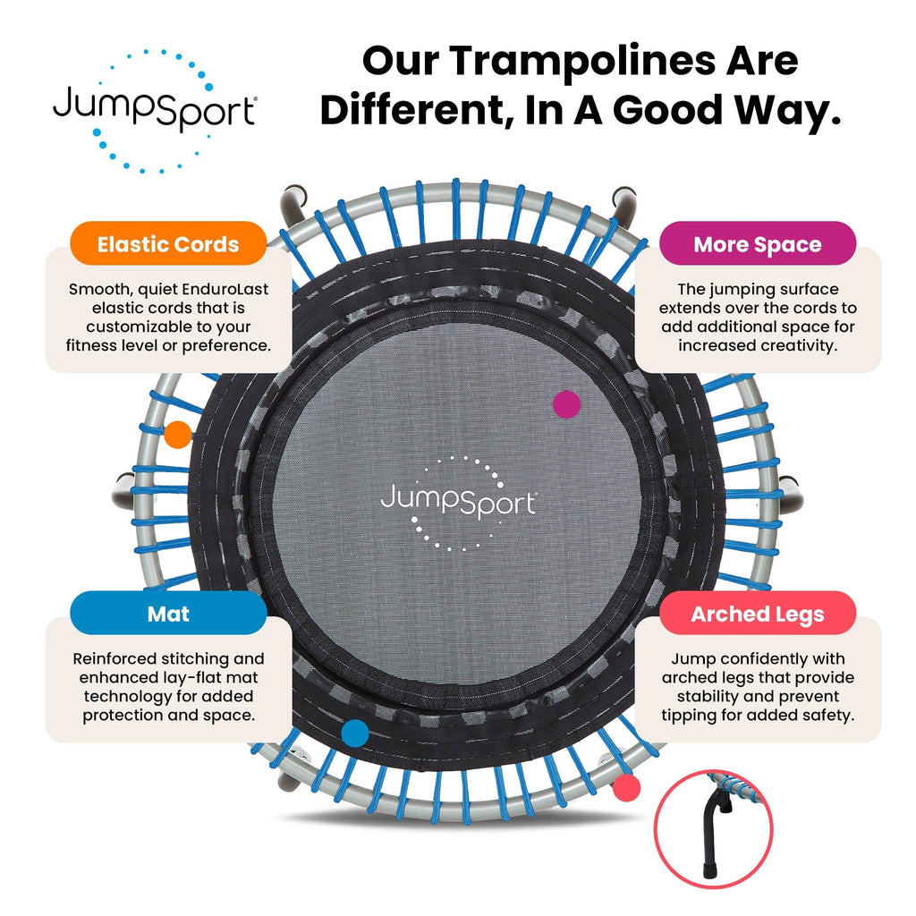Disc-O-Bed JumpSport 350 Series 39" Trampoline & Handle Bar Bundle, 30 Adjustable Bungees, Stable No-Tip Arched Legs, & 60 Day Streaming Trial - 404403