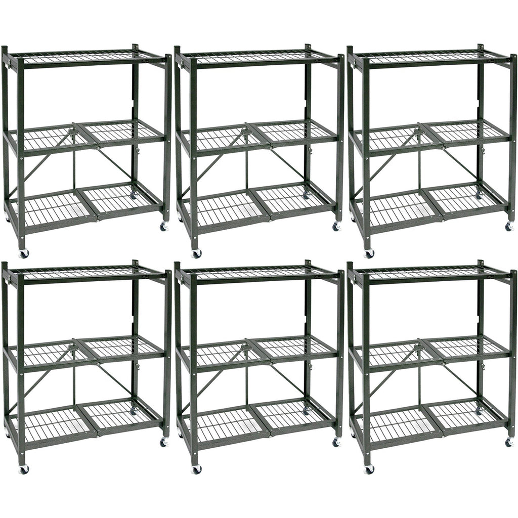 Origami R3 Foldable 3-Tiered Shelf Storage Rack & Wheels, Pewter (6 Pack) - 253009