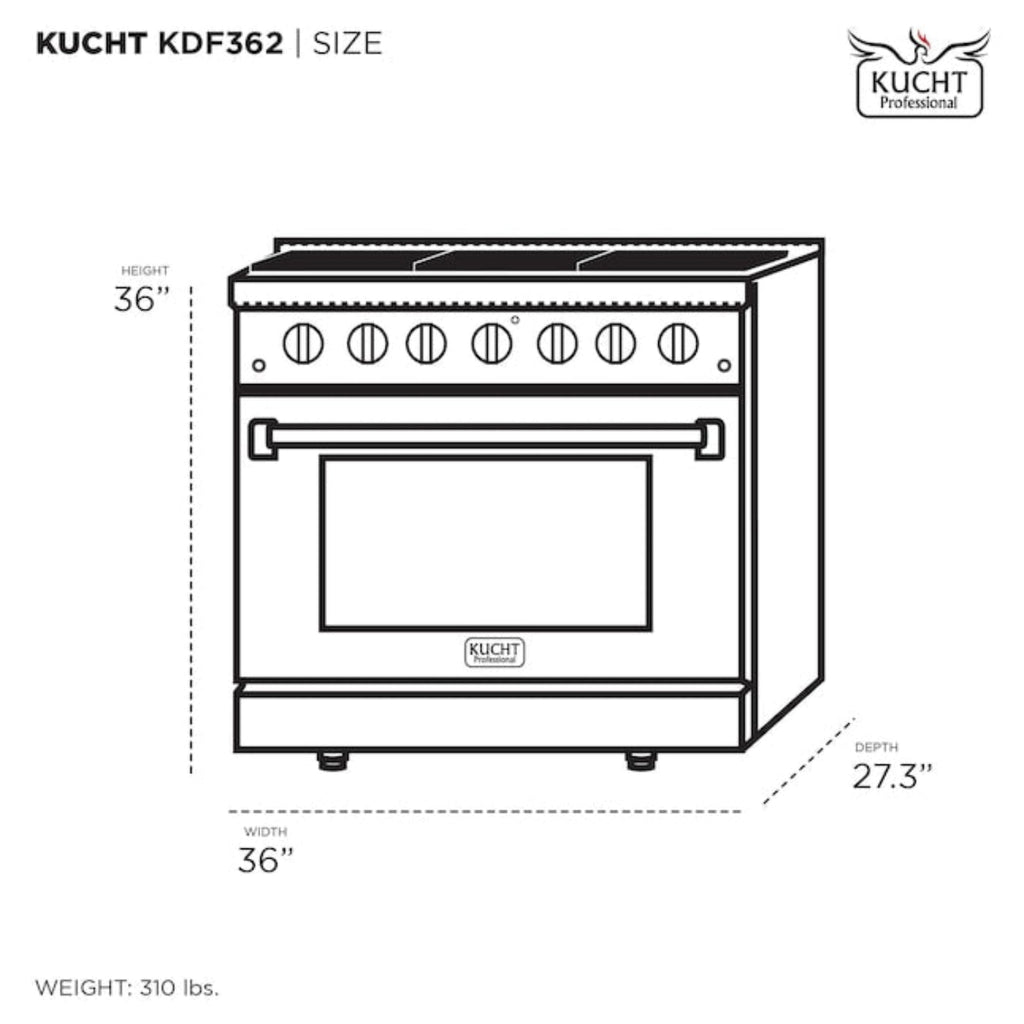 Kucht 36" Pro-Style Propane Gas Dual Fuel Range in Black with Rose Gold Accents, KDF362/LP-K-ROSE - KDF362/LP-K-ROSE