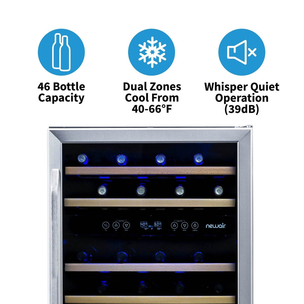 Newair - 24” 46-Bottle Dual-Zone Built-in/Freestanding Wine Cooler (AWR-460DB) - Stainless Steel w/ Beech Wood Shelves