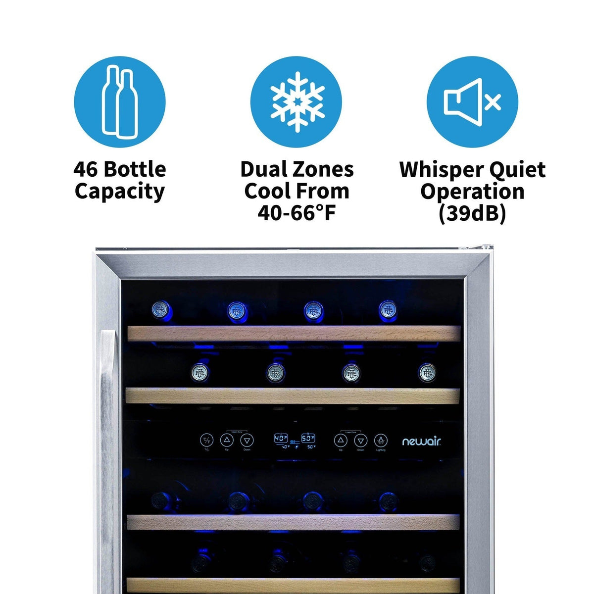 Newair - 24” 46-Bottle Dual-Zone Built-in/Freestanding Wine Cooler (AWR-460DB) - Stainless Steel w/ Beech Wood Shelves