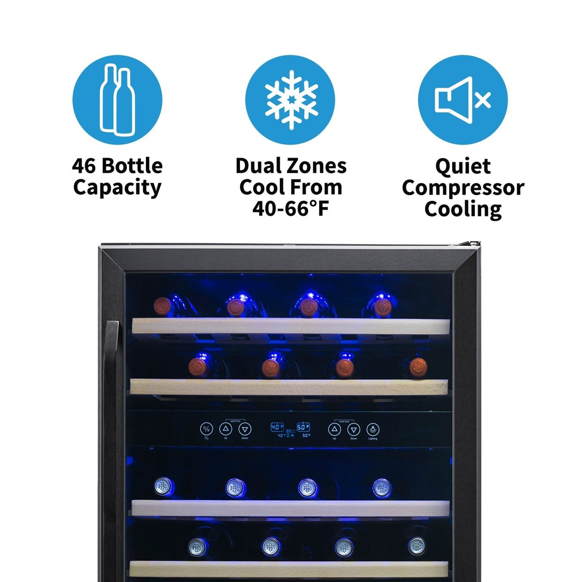 Newair - 24” 46-Bottle Dual-Zone Built-in/Freestanding Black Stainless Steel Wine Fridge (NWC046BS00)