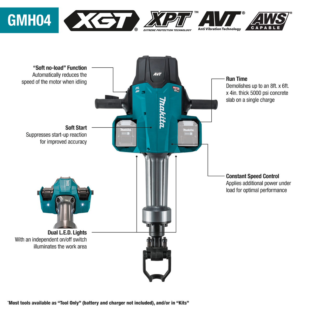 Makita 80V max (40V max X2) XGT Brushless 70 lb. 1‑1/8" Hex AVT Breaker Hammer Kit, AWS Capable (8.0Ah) - GMH04PLX