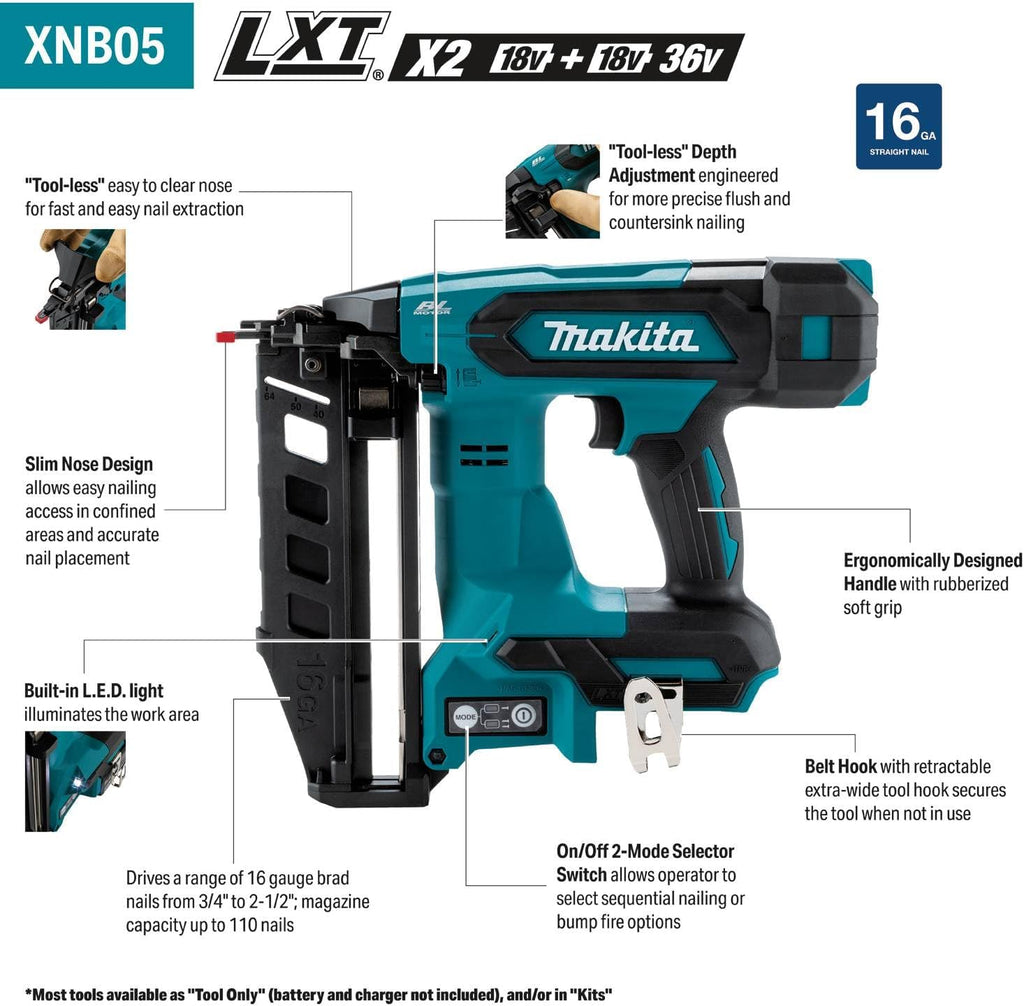 Makita 18V LXT Lithium-Ion Brushless Cordless 2-1/2" Straight Finish Nailer, 16 Ga. (Tool Only) - XNB05Z