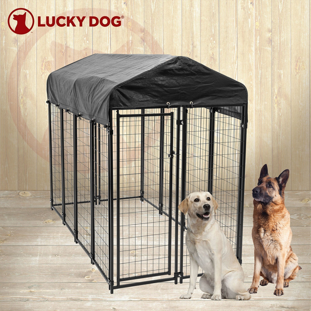 Lucky Dog Uptown Large Outdoor Covered Kennel Secure Fenced Pet Dog Crate, Black - 90333