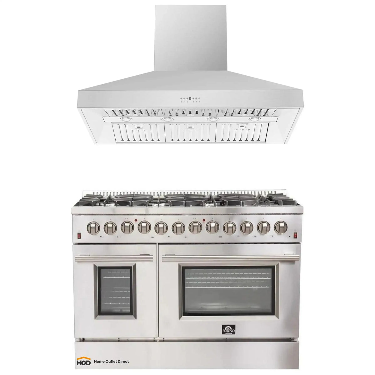 Forno 2-Piece Appliance Package - 48-Inch Dual Fuel Range & Wall Mount Hood in Stainless Stee - AP2-6156-48l