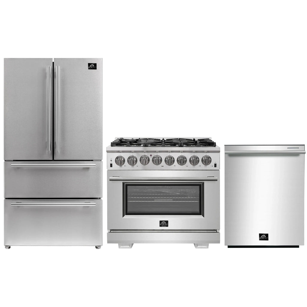 Forno 3-Piece Pro Appliance Package - 36-Inch Dual Fuel Range, French Door Refrigerator, and Dishwasher in Stainless Steel - AP3-6187-36