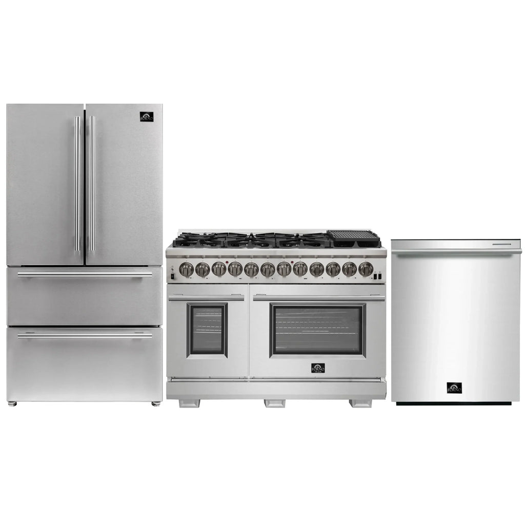 Forno 3-Piece Pro Appliance Package - 48-Inch Dual Fuel Range, French Door Refrigerator, and Dishwasher in Stainless Stee -0 AP3-6187-48l