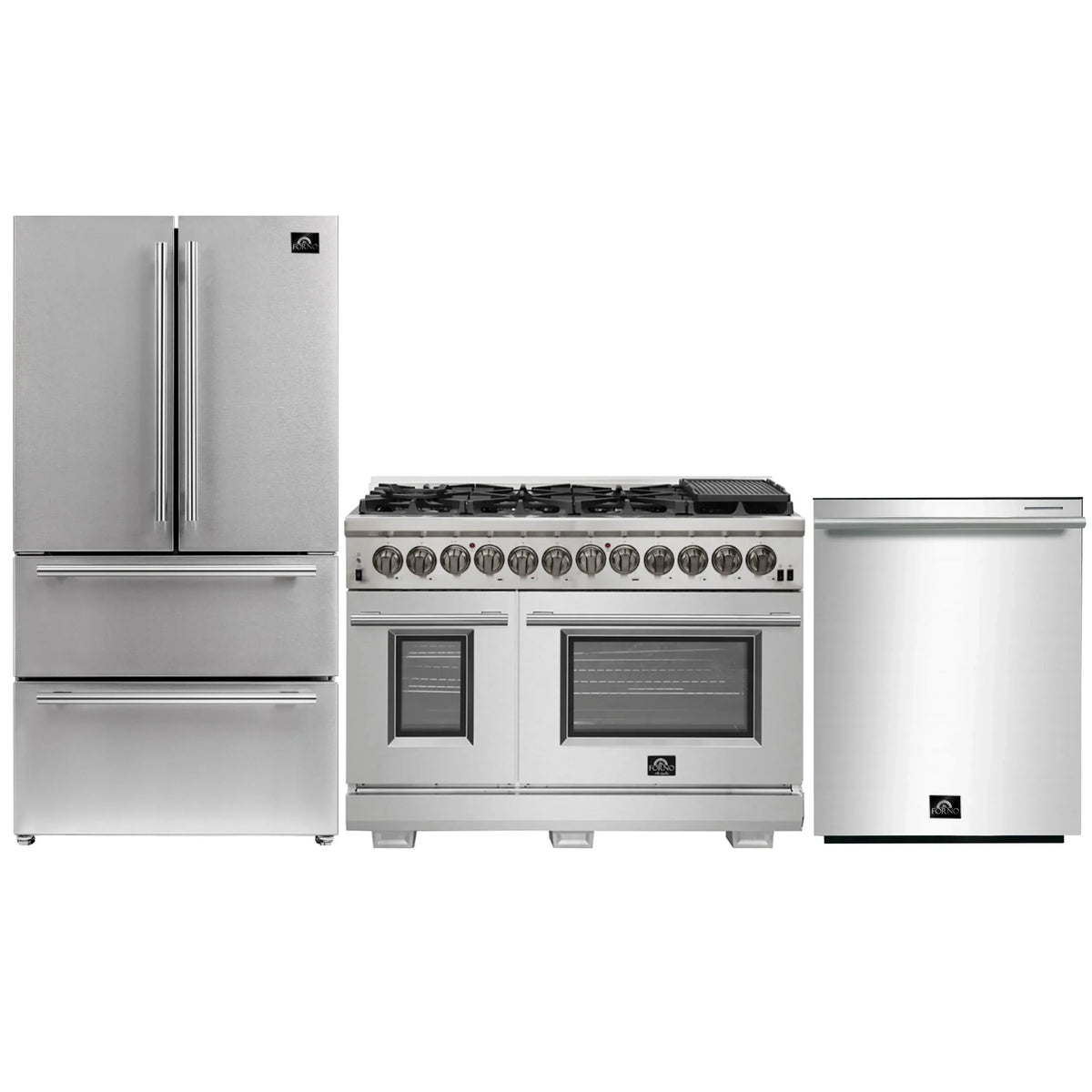 Forno 3-Piece Pro Appliance Package - 48-Inch Dual Fuel Range, French Door Refrigerator, and Dishwasher in Stainless Stee -0 AP3-6187-48l