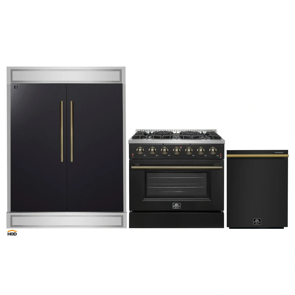 Forno 3-Piece Appliance Package - 36-Inch Gas Range, 60-Inch Convertible Refrigerator with Modern Trim, and Dishwasher in Black with Antique Brass Handle - AP3-6244-36BLK-60MG