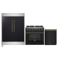 Forno 3-Piece Appliance Package - 36-Inch Gas Range, 60-Inch Convertible Refrigerator with Modern Trim, and Dishwasher in Black with Antique Brass Handle - AP3-6244-36BLK-60MG