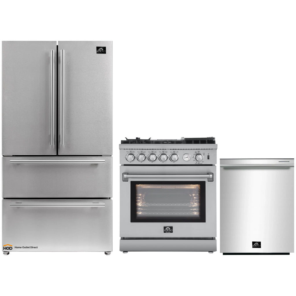 Forno 3-Piece Appliance Package - 30-Inch Gas Range with Air Fryer, French Door Refrigerator, and Dishwasher in Stainless Steel - AP3-6276-30