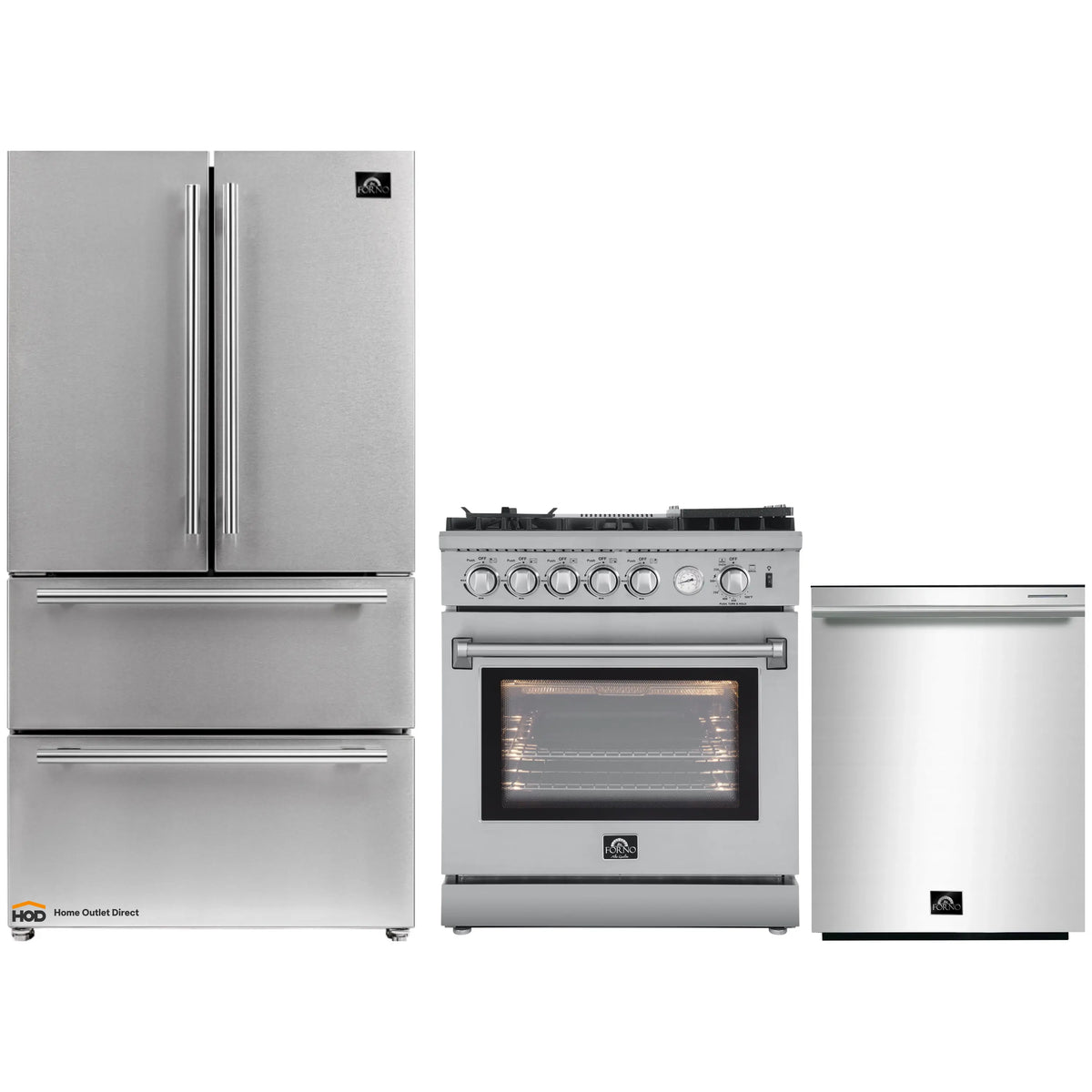 Forno 3-Piece Appliance Package - 30-Inch Gas Range with Air Fryer, French Door Refrigerator, and Dishwasher in Stainless Steel - AP3-6276-30