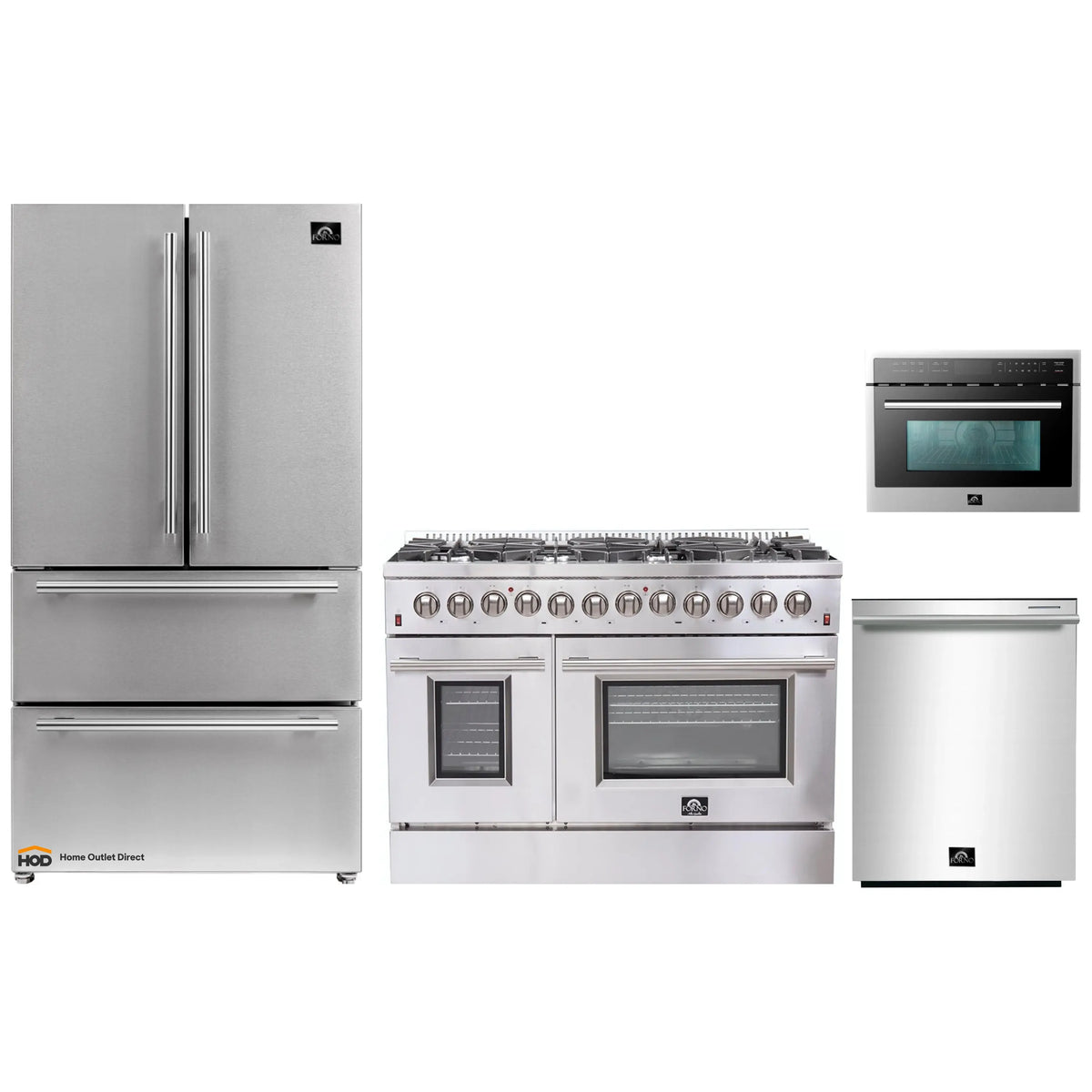 Forno 4-Piece Appliance Package - 48-Inch Dual Fuel Range, Refrigerator, 24-Inch Microwave Oven, & 3-Rack Dishwasher in Stainless Steel - AP4-6156-48-MWO
