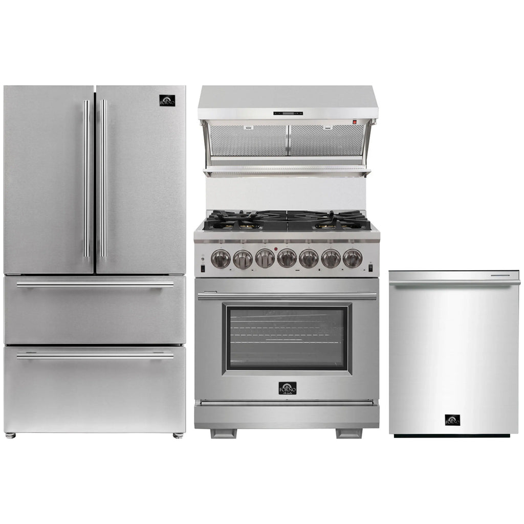 Forno 4-Piece Pro Appliance Package - 30-Inch Dual Fuel Range, Premium Hood, French Door Refrigerator, and Dishwasher in Stainless Steel - AP4-6187-30