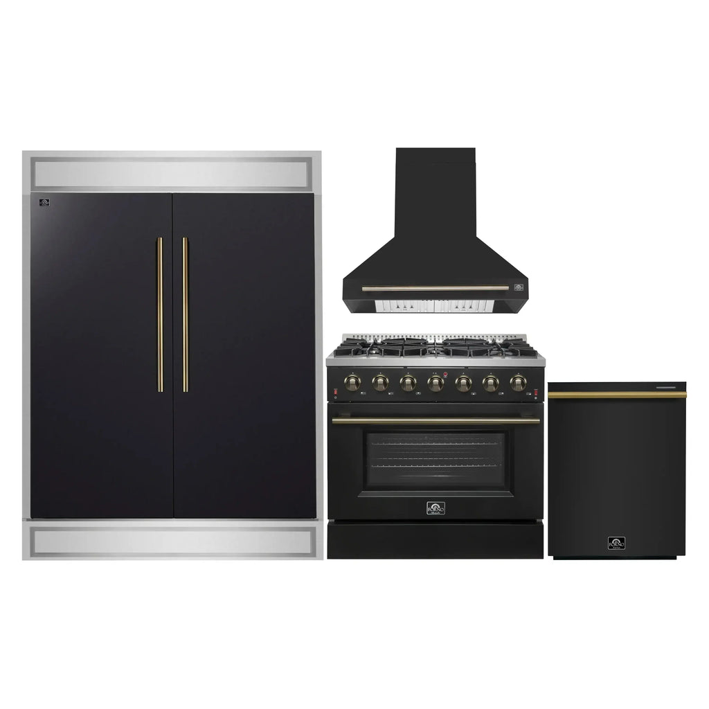 Forno 4-Piece Appliance Package - 36-Inch Gasl Fuel Range, Wall Mount Range Hood, 60-Inch Built-In Convertible Refrigerator, and Dishwasher in Black with Antique Brass Handle - AP4-6244-36BLK-5095-60MG