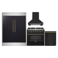 Forno 4-Piece Appliance Package - 36-Inch Gasl Fuel Range, Wall Mount Range Hood, 60-Inch Built-In Convertible Refrigerator, and Dishwasher in Black with Antique Brass Handle - AP4-6244-36BLK-5095-60MG