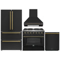 Forno 4-Piece Appliance Package - 36-Inch Gas Range, Wall Mount Range Hood, 36-Inch French Door Refrigerator, and Dishwasher in Black with Antique Brass Handle - AP4-6244-36BLK-5095