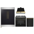 Forno 4-Piece Appliance Package - 36-Inch Gas Range, Wall Mount Range Hood, 60-Inch Convertible Refrigerator with Modern Trim, and Dishwasher in Black with Antique Brass Handle - AP4-6244-36BLK-60MG