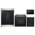Forno 4-Piece Appliance Package - 36-Inch Gas Range, 60-Inch Convertible Refrigerator with Modern Trim, Dishwasher, and 24-Inch Microwave Drawer in Black with Antique Brass Handle - AP4-6244-36BLK-MWD24-60MG
