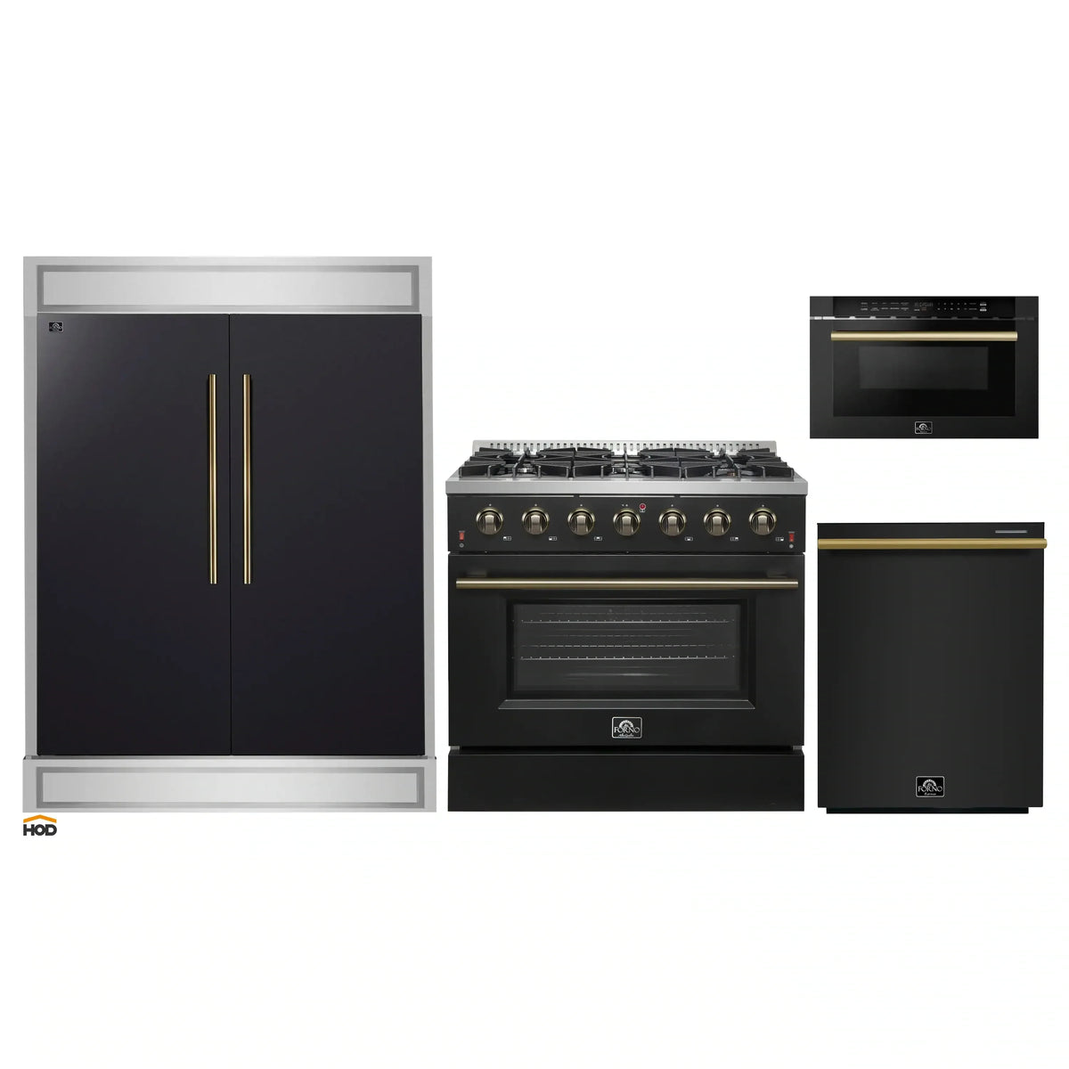 Forno 4-Piece Appliance Package - 36-Inch Gas Range, 60-Inch Convertible Refrigerator with Modern Trim, Dishwasher, and 24-Inch Microwave Drawer in Black with Antique Brass Handle - AP4-6244-36BLK-MWD24-60MG