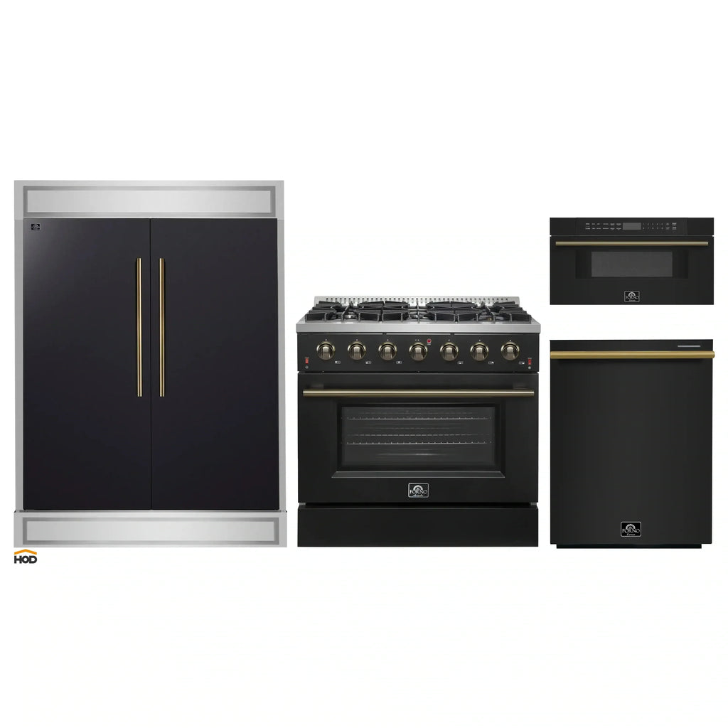 Forno 4-Piece Appliance Package - 36-Inch Gas Range, 60-Inch Convertible Refrigerator with Modern Trim, Dishwasher, and 30-Inch Microwave Drawer in Black with Antique Brass Handle - AP4-6244-36BLK-MWD30-60MG