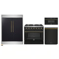 Forno 4-Piece Appliance Package - 36-Inch Gas Range, 60-Inch Convertible Refrigerator with Modern Trim, Dishwasher, and 30-Inch Microwave Drawer in Black with Antique Brass Handle - AP4-6244-36BLK-MWD30-60MG