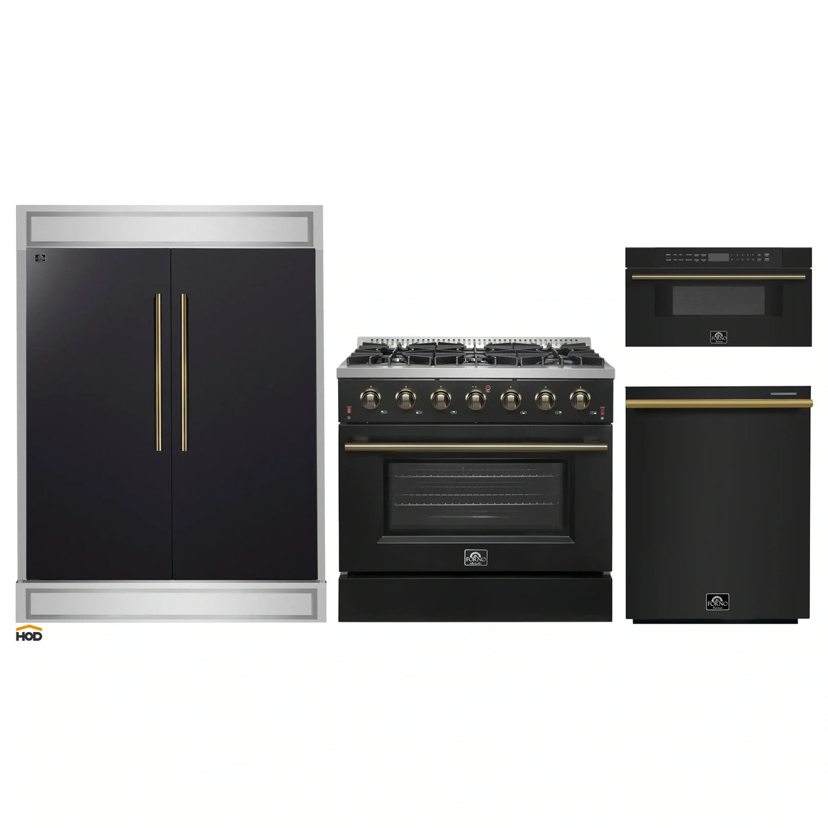 Forno 4-Piece Appliance Package - 36-Inch Gas Range, 60-Inch Convertible Refrigerator with Modern Trim, Dishwasher, and 30-Inch Microwave Drawer in Black with Antique Brass Handle - AP4-6244-36BLK-MWD30-60MG