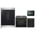 Forno 4-Piece Appliance Package - 36-Inch Gas Range, 60-Inch Convertible Refrigerator with Modern Trim, Dishwasher, and 24-Inch Microwave Oven in Black with Antique Brass Handle - AP4-6244-36BLK-MWO24-60MG