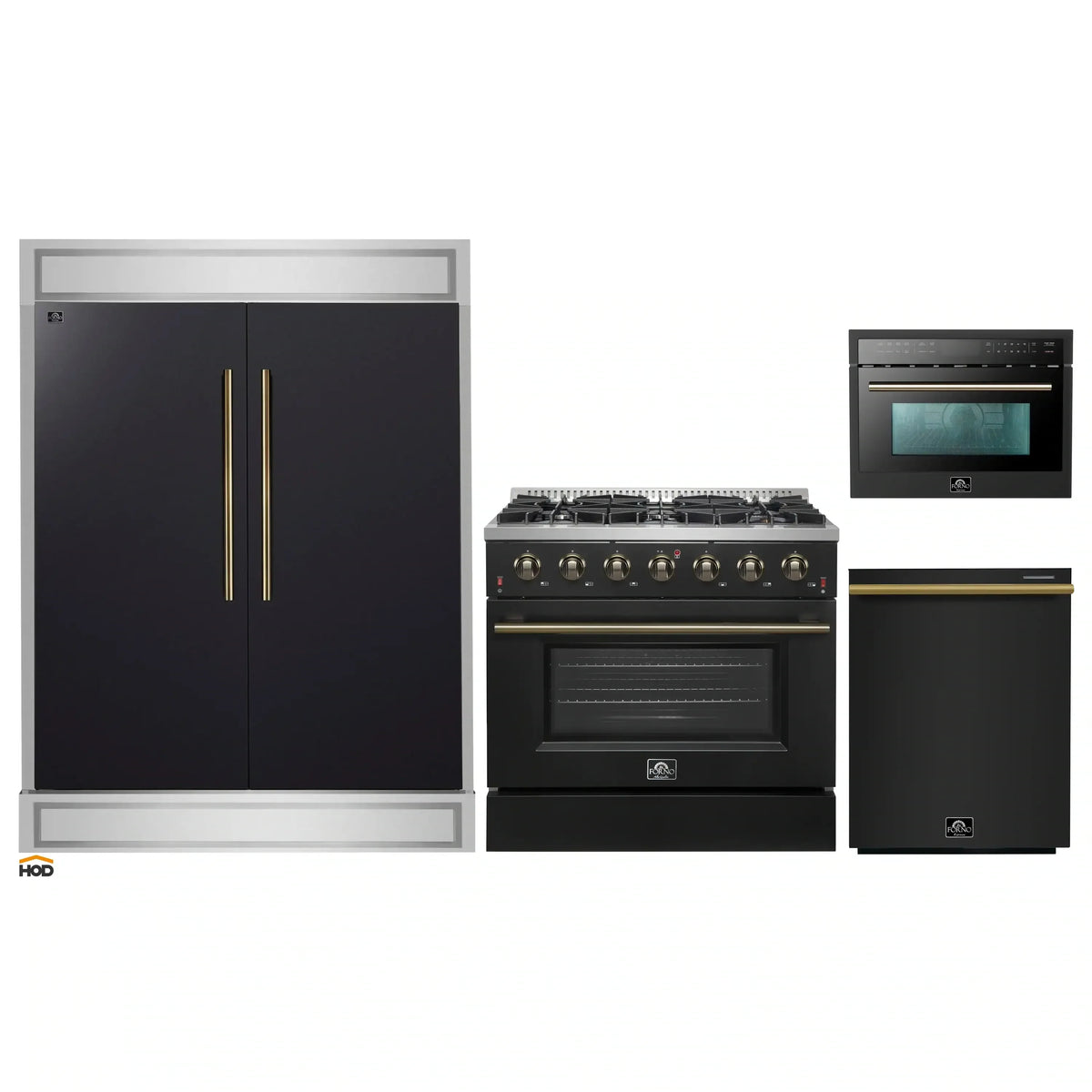Forno 4-Piece Appliance Package - 36-Inch Gas Range, 60-Inch Convertible Refrigerator with Modern Trim, Dishwasher, and 24-Inch Microwave Oven in Black with Antique Brass Handle - AP4-6244-36BLK-MWO24-60MG