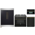 Forno 4-Piece Appliance Package - 36-Inch Gas Range, 60-Inch Convertible Refrigerator with Modern Trim, Dishwasher, and 30-Inch Microwave Oven in Black with Antique Brass Handle - AP4-6244-36BLK-MWO30-60MG