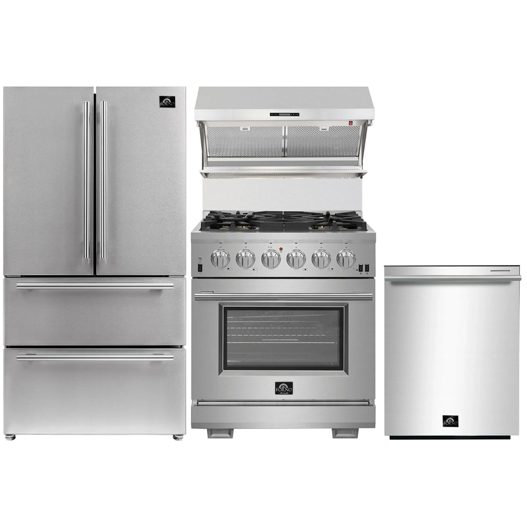Forno 4-Piece Pro Appliance Package - 30-Inch Gas Range, French Door Refrigerator, Wall Mount Hood with Backsplash, and Dishwasher in Stainless Steel - AP4-6260-30