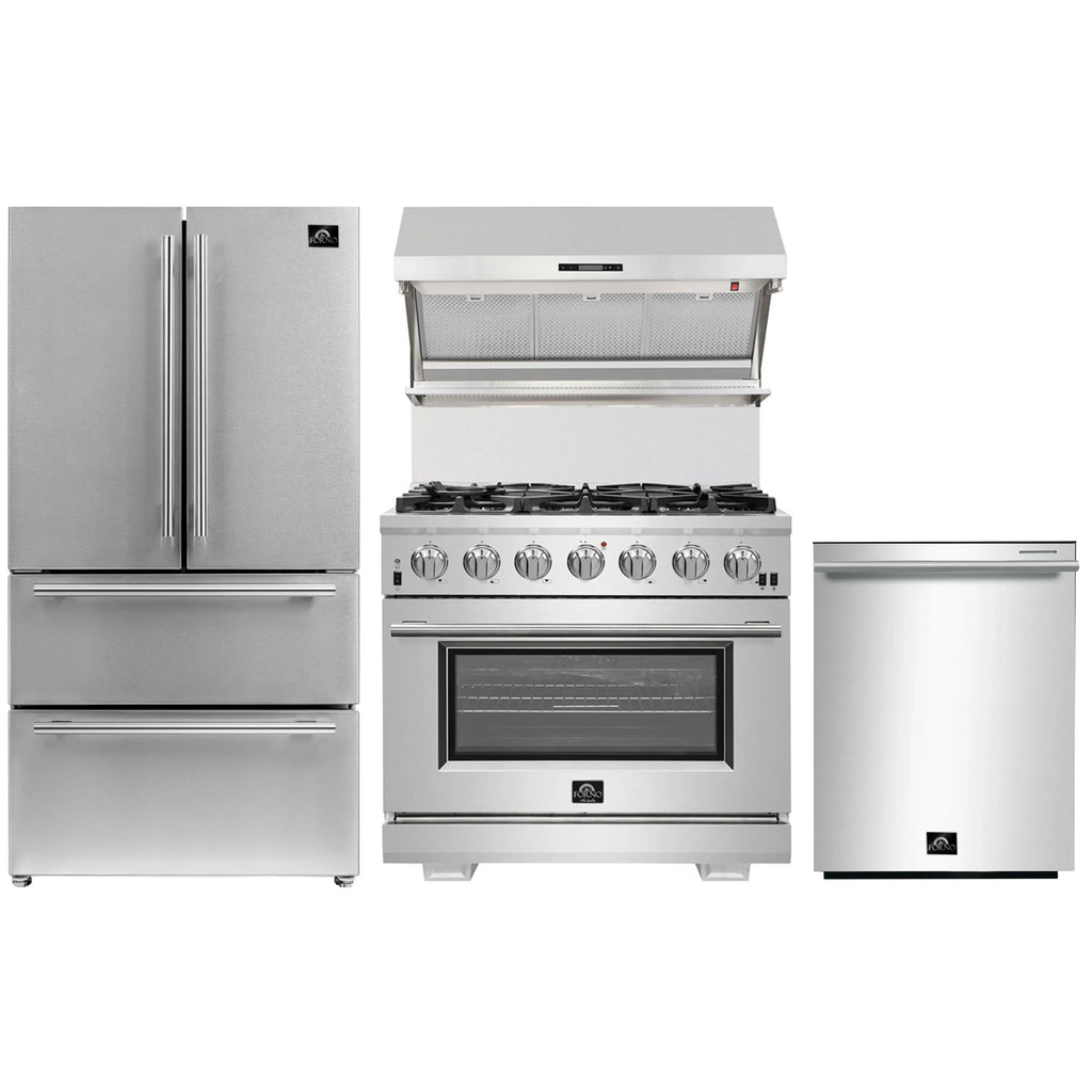 Forno 4-Piece Pro Appliance Package - 36-Inch Gas Range, Wall Mount Hood with Backsplash, 36-Inch French Door Refrigerator, and Dishwasher in Stainless Steel - AP4-6260-36