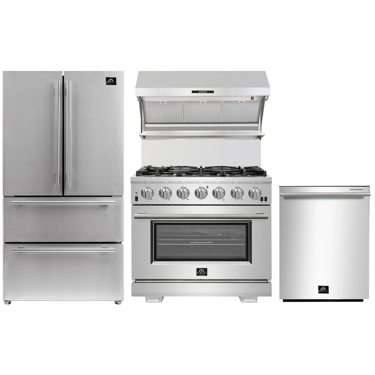 Forno 4-Piece Pro Appliance Package - 36-Inch Gas Range, Wall Mount Hood with Backsplash, 36-Inch French Door Refrigerator, and Dishwasher in Stainless Steel - AP4-6260-36