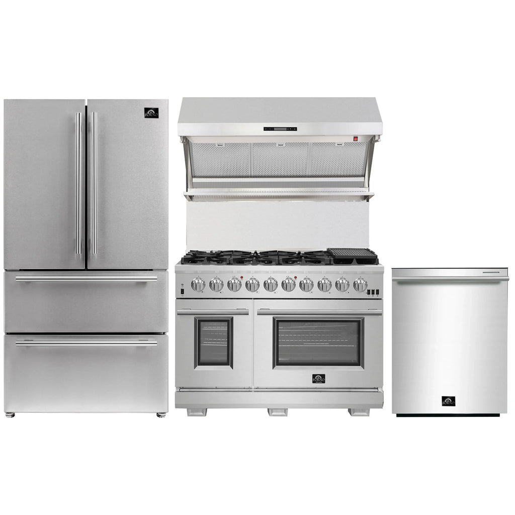 Forno 4-Piece Pro Appliance Package - 48-Inch Gas Range, Premium Hood, French Door Refrigerator, and Dishwasher in Stainless Steel - AP4-6260-48