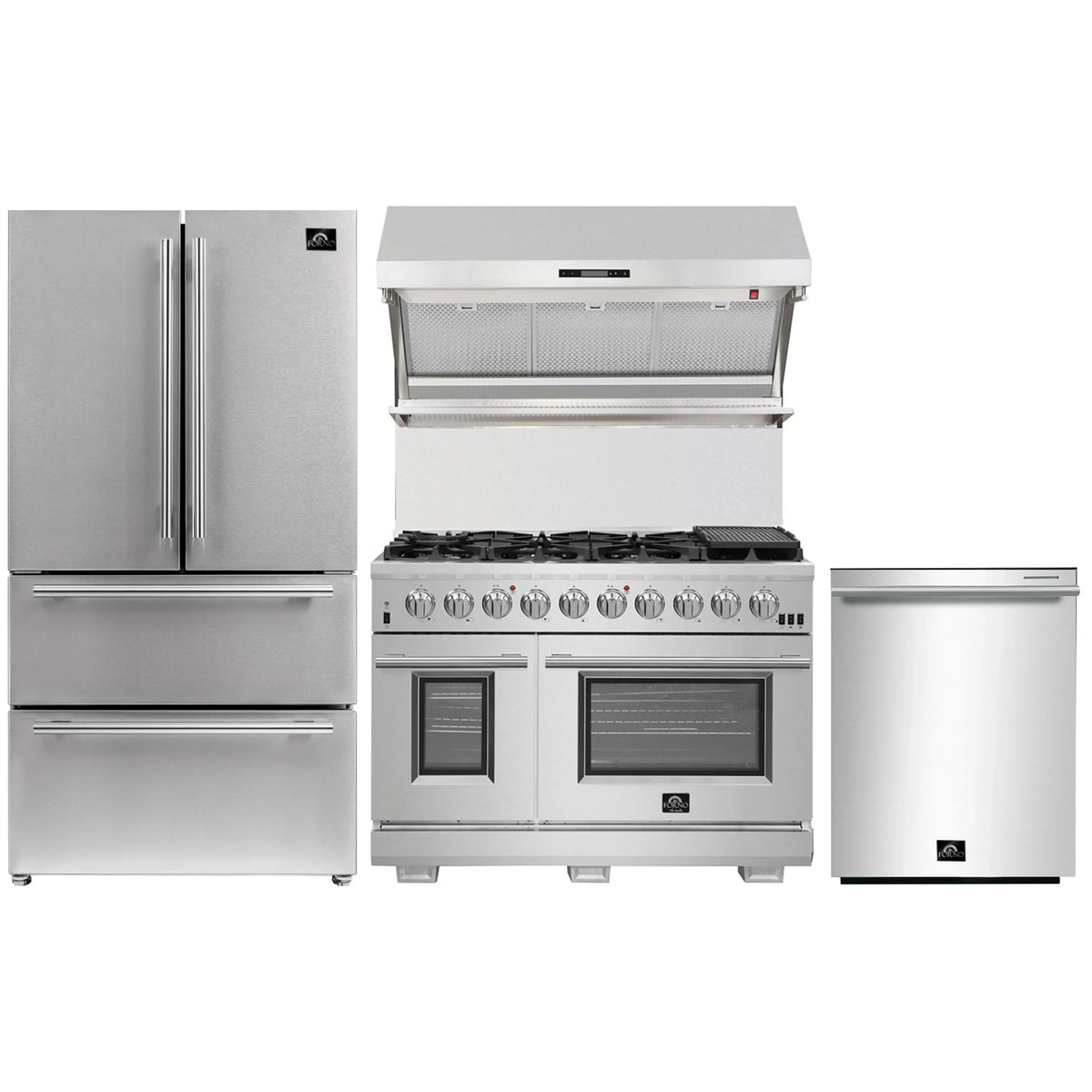 Forno 4-Piece Pro Appliance Package - 48-Inch Gas Range, Premium Hood, French Door Refrigerator, and Dishwasher in Stainless Steel - AP4-6260-48