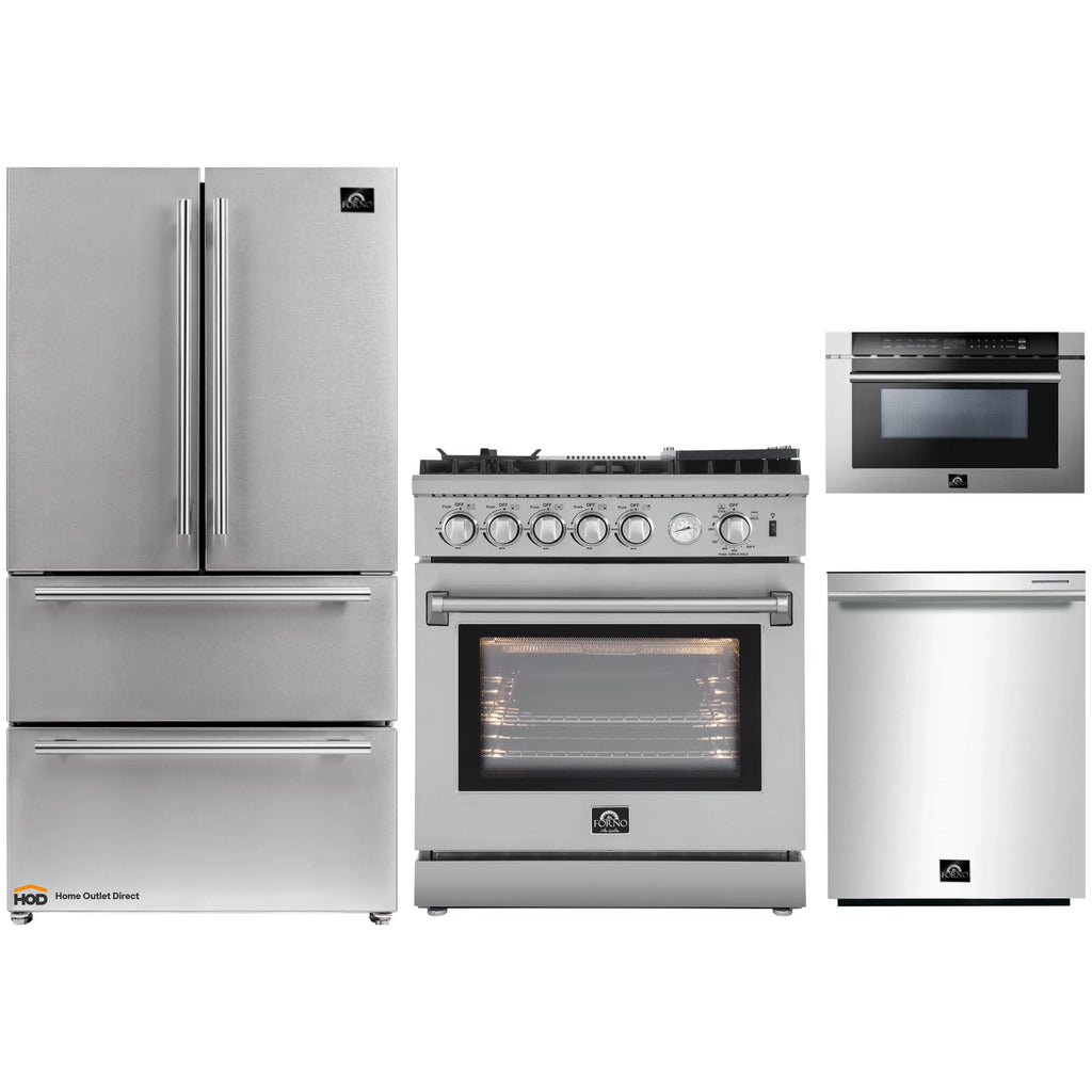 Forno 4-Piece Appliance Package - 30-Inch Gas Range with Air Fryer, Refrigerator, 24-Inch Microwave Drawer, & 3-Rack Dishwasher in Stainless Steel - AP4-6276-30-MWD