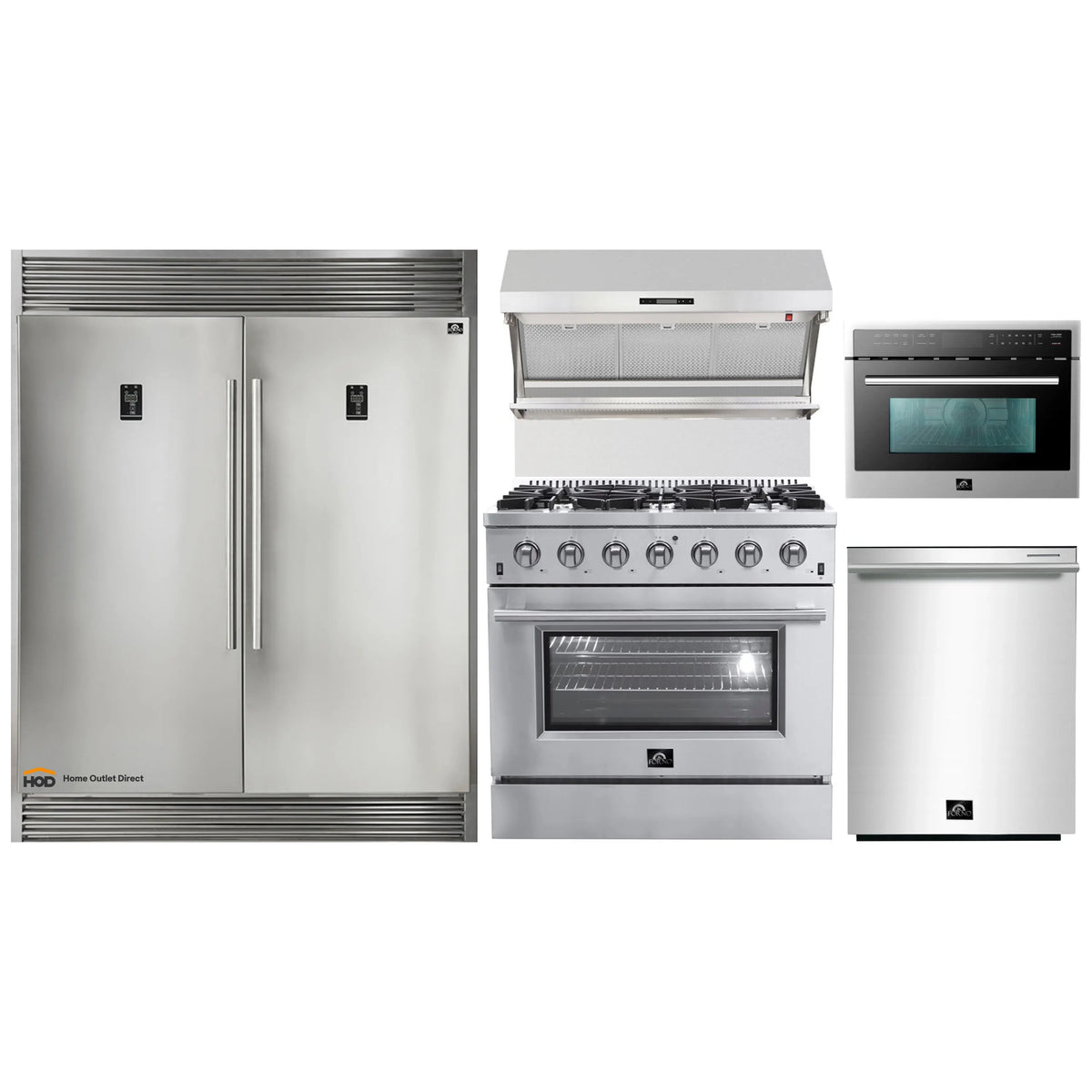 Forno 5-Piece Appliance Package - 36-Inch Gas Range, 60-Inch Pro-Style Refrigerator, Wall Mount Hood with Backsplash, 24-Inch Microwave Oven, & 3-Rack Dishwasher in Stainless Steel - AP5-60S-6244-36-MWO