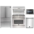 Forno 5-Piece Appliance Package - 36-Inch Dual Fuel Range, Refrigerator, Wall Mount Hood with Backsplash, 24-Inch Microwave Drawer, & 3-Rack Dishwasher in Stainless Steel - AP5-6156-36-MWD