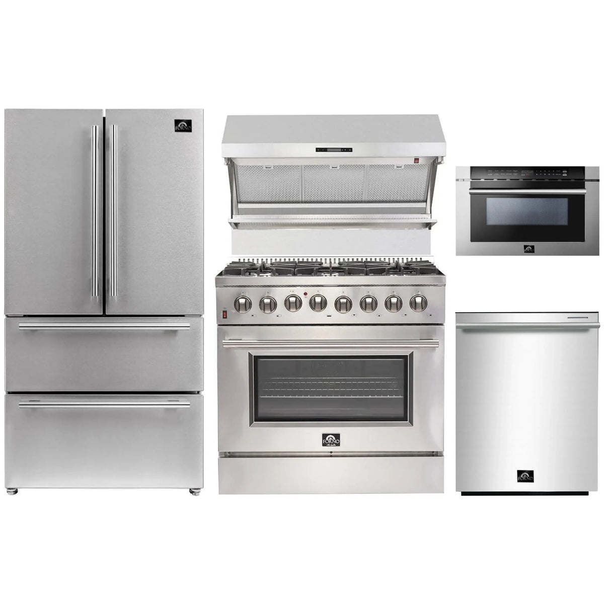 Forno 5-Piece Appliance Package - 36-Inch Dual Fuel Range, Refrigerator, Wall Mount Hood with Backsplash, 24-Inch Microwave Drawer, & 3-Rack Dishwasher in Stainless Steel - AP5-6156-36-MWD