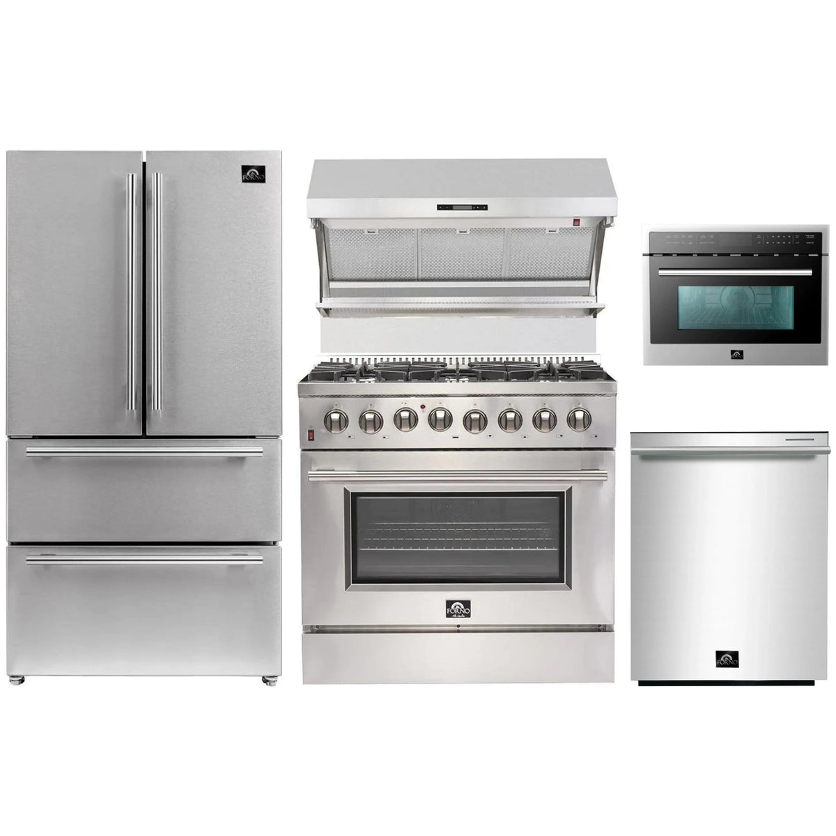 Forno 5-Piece Pro Appliance Package - 36" Dual Fuel Range, 36" Refrigerator, Wall Mount Hood with Backsplash, 24-Inch Microwave Drawer, and Dishwasher in Stainless Steel - AP5-6187-36-MWD