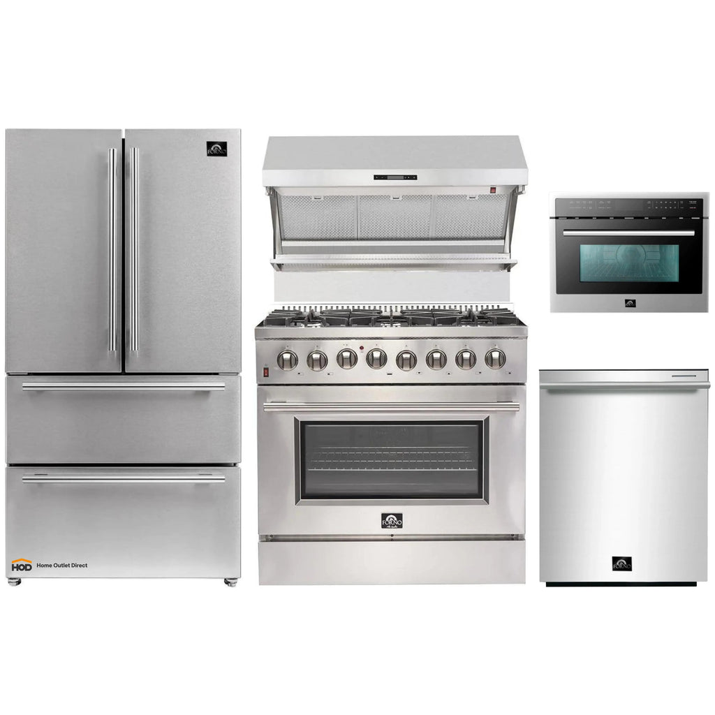 Forno 5-Piece Pro Appliance Package - 36-Inch Dual Fuel Range, 36-Inch Refrigerator, Wall Mount Hood with Backsplash, 24-Inch Microwave Drawer, & 3-Rack Dishwasher in Stainless Steel - AP5-6187-36-MWD