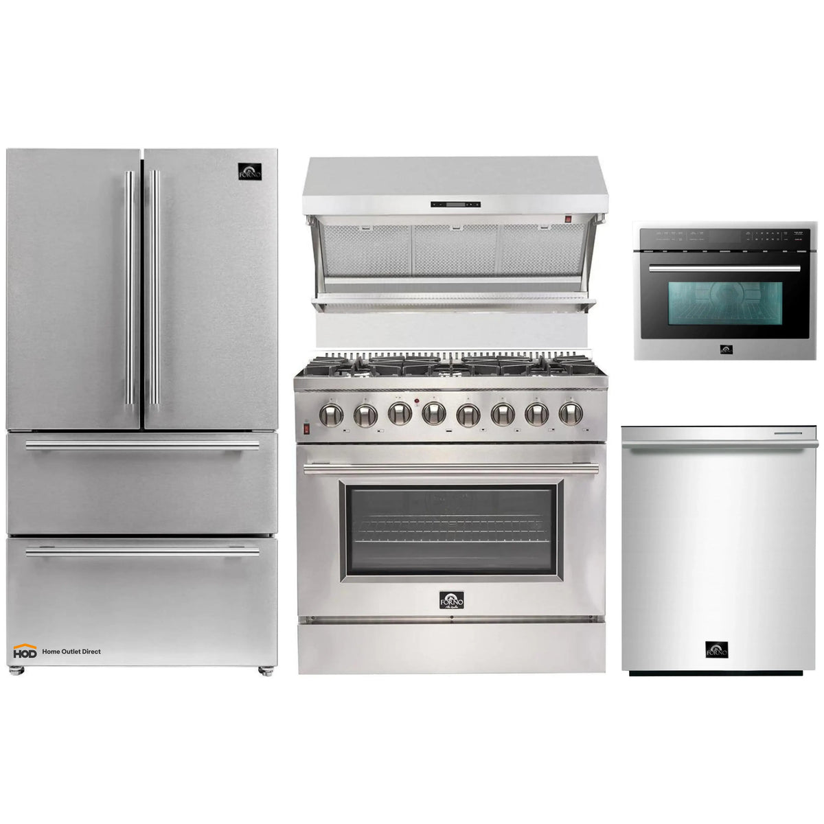 Forno 5-Piece Pro Appliance Package - 36-Inch Dual Fuel Range, 36-Inch Refrigerator, Wall Mount Hood with Backsplash, 24-Inch Microwave Drawer, & 3-Rack Dishwasher in Stainless Steel - AP5-6187-36-MWD