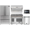 Forno 5-Piece Pro Appliance Package - 48-Inch Dual Fuel Range, Refrigerator, Wall Mount Hood with Backsplash, 24-Inch Microwave Drawer, & 3-Rack Dishwasher in Stainless Steel - AP5-6187-48-MWD